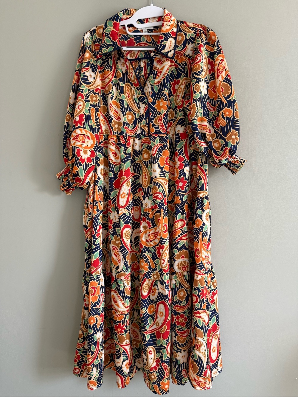Umgee Paisley Floral Tiered Midi Dress Navy Orange Boho Size Medium